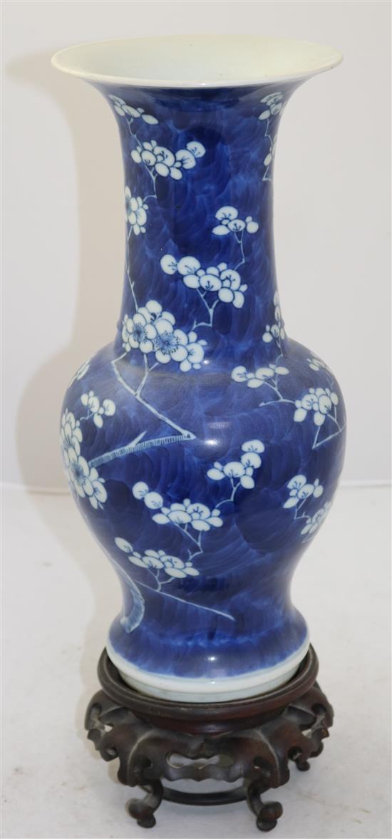 A Chinese blue and white yen yen vase, Kangxi mark, c.1900, 35cm, rosewood stand